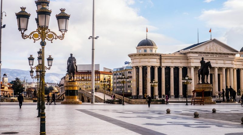 square with sculptures and old national museum in macedonia